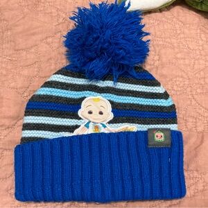CoComelon Kids Pom Pom Beanie Hat – Size 2T–5T Blue Striped